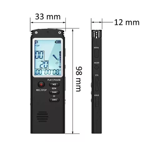 Quzu® Digitális Diktafon, MP3 lejátszó, zajcsökkentés, ABS ház, 8GB, fekete