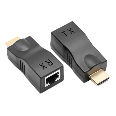 TCF® HDMI hosszabbító adapter, 2db HDMI->RJ45 adapter, HDMI/Cat6 Cat6e UTP Ethernet csatlakozóval, akár 15m-ig hosszabbít, fekete