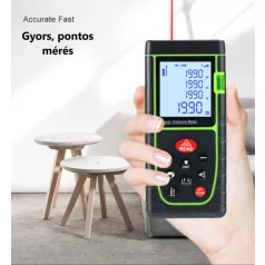   Multifunkciós Lézeres Távolságmérő, 0-60m, LCD képernyő, pontosság +/- 3mm, felület, térfogat, pitagorasz számítás, zöld-fekete
