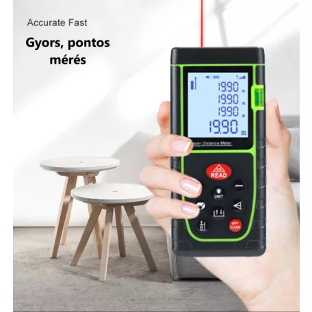Multifunkciós Lézeres Távolságmérő, 0-60m, LCD képernyő, pontosság +/- 3mm, felület, térfogat, pitagorasz számítás, zöld-fekete