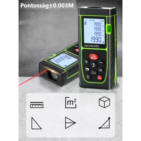 Multifunkciós Lézeres Távolságmérő, 0-60m, LCD képernyő, pontosság +/- 3mm, felület, térfogat, pitagorasz számítás, zöld-fekete