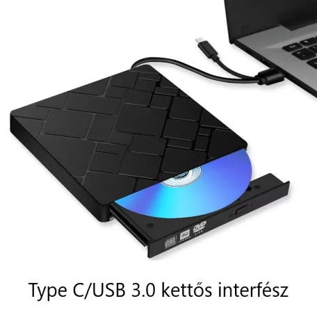 Külső DVD-író, USB 3.0/Type-C kettős interfész, 8x írási sebesség, CD DVD +/- RW, könnyű hordozható DVD-lejátszó, Plug&Play, fekete