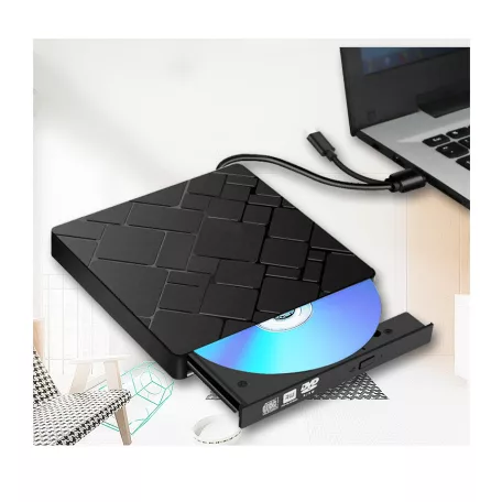 Külső DVD-író, USB 3.0/Type-C kettős interfész, 8x írási sebesség, CD DVD +/- RW, könnyű hordozható DVD-lejátszó, Plug&Play, fekete
