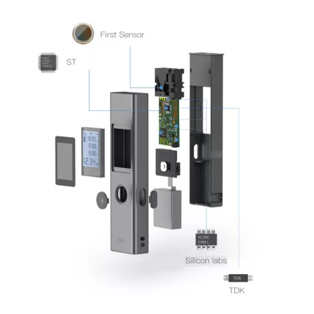 Duke® Lézeres Távolságmérő és Szögmérő, 40m, LCD képernyő, pontosság +/- 2mm, újratölthető, felület, térfogat, pitagorasz számítás, szürke