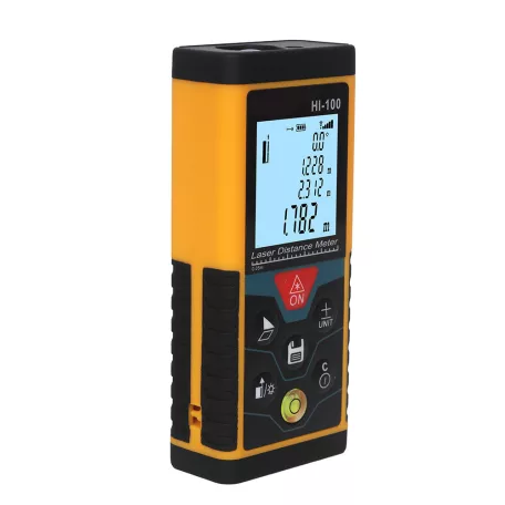 Multifunkciós Lézeres Távolságmérő és Szögmérő, 0-60m, LCD képernyő, pontosság +/- 2mm, felület, térfogat, pitagorasz számítás, narancssárga-fekete