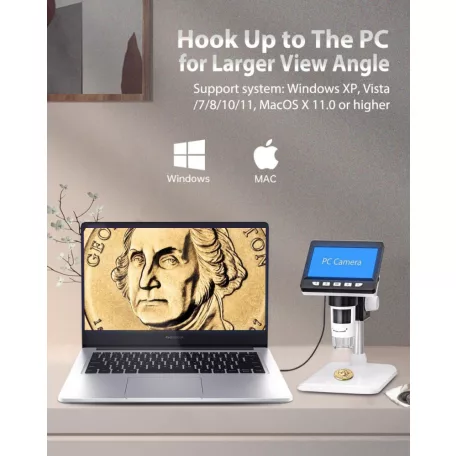 Hordozhatós elektronikus digitális mikroszkóp, 4,3" LCD kijelzővel, MicroSD/TF kártya támogatás, 50X-1000X nagyítással, fényerősség szabályzó, fehér