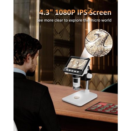 Hordozhatós elektronikus digitális mikroszkóp, 4,3" LCD kijelzővel, MicroSD/TF kártya támogatás, 50X-1000X nagyítással, fényerősség szabályzó, fehér