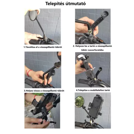 Kerékpáros és Motorkerékpáros Telefontartó, Kormányra rögzíthető, 360°-ban forgatható, fekete