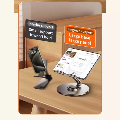 Univerzális Mobiltelefon- és Tablettartó, alumínium, 360°-ban forgatható, összecsukható, fekete