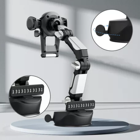 Autós Tapadókorongos Telefontartó, telefonszám kijelzővel rendelkezik, szélvédőre és műszer-falra helyezhető, fekete