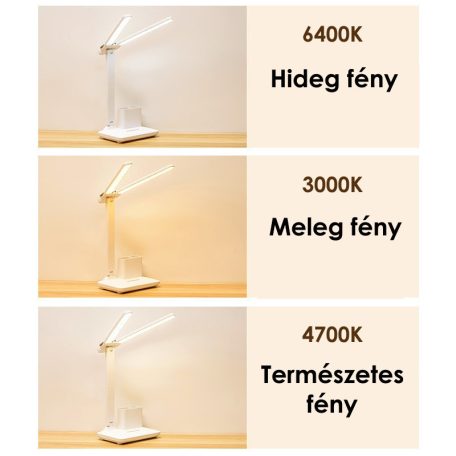 Asztali LED Lámpa, tolltartóval, mobiltelefon tartóval, állítható fényerősség és színhőmérséklet, fehér