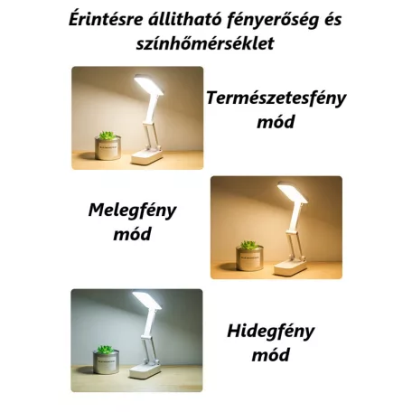 Asztali LED Lámpa, összecsukható, akkumulátoros, érintésre állitható fényerő és színhőmérséklet, fehér