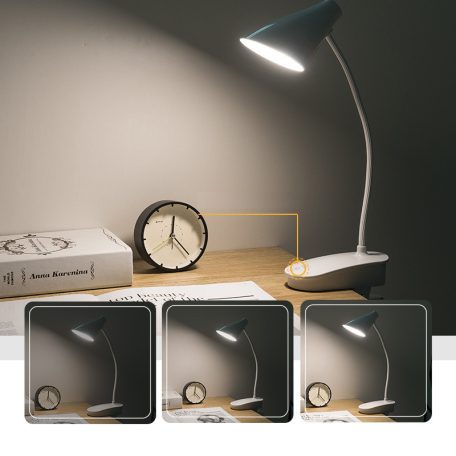 Asztali LED Lámpa, csíptetős, akkumulátoros, érintésre állítható fényerősség és színhőmérséklet, fehér