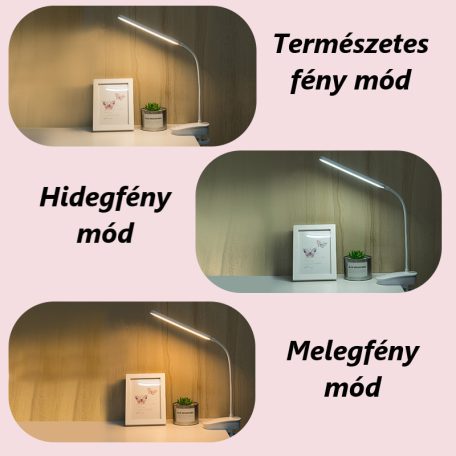 Asztali LED Lámpa, flexibilis, csíptetős, akkumulátoros, érintésre állítható fényerősség és színhőmérséklet, fehér
