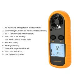   Digitális Szélsebesség- és Hőmérsékletmérő, LCD kijelző, ventilátor, klíma, PC ventilátor sebességmérés, 0-30m/sec, narancssárga