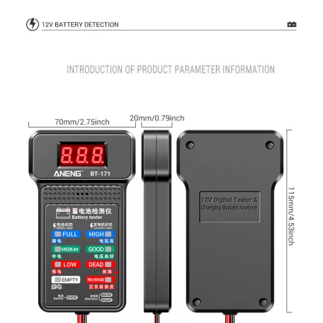 ANENG® Autós Akkumulátor és Generátor Teszter, 12V, állapotmérő, LCD kijelző, fekete