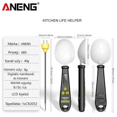   Aneng® 2az1ben Digitális Konyhai Mérőkanál és Hőmérő, LCD kijelzővel, 0.5g~500g, fekete