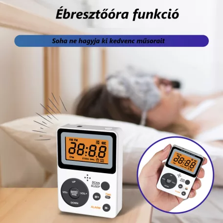 Hordozható FM/AM Rádiómagnó, LCD kijezős, ébresztő és időzítő funkció, HiFi sztereó, fehér