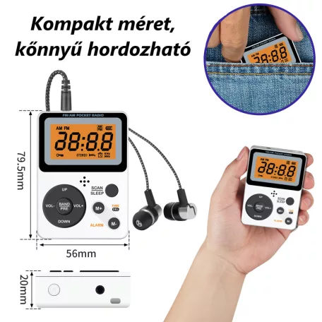 Hordozható FM/AM Rádiómagnó, LCD kijezős, ébresztő és időzítő funkció, HiFi sztereó, fehér
