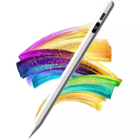 Univerzális Érintő Ceruza, Android/iPhone kompatibilis, telefon/tablet, tölthető, LCD akku szint kijelző, kapacitív hegy, fehér