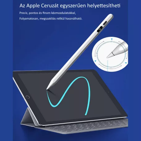 Univerzális Érintő Ceruza, Android/iPhone kompatibilis, telefon/tablet, tölthető, LCD akku szint kijelző, kapacitív hegy, fehér