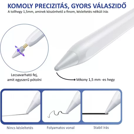 Univerzális Érintő Ceruza, Android/iPhone kompatibilis, telefon/tablet, tölthető, LCD akku szint kijelző, kapacitív hegy, fehér