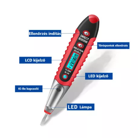 Digitális Érintésmentes Fáziskereső, 12-250V AC/DC, elektromos tér indukció, LED fény, zöld/sárga