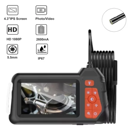 Endoszkóp kamera, 5m kábel, 4.3″ LCD kijelző, 1080P FHD, 6 LED világítás, Ø5.5mm lencse-átmérő, IP67 vízállósági kategória, fekete