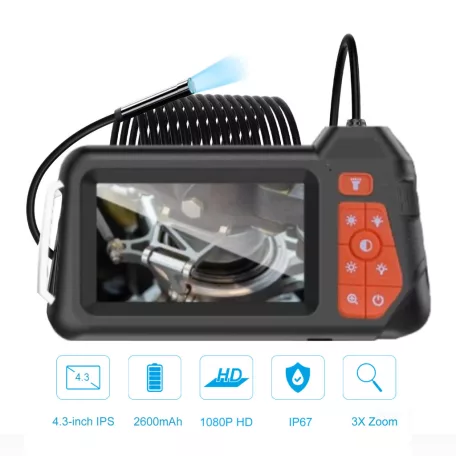 Endoszkóp kamera, 5m kábel, 4.3″ LCD kijelző, 1080P FHD, 6 LED világítás, Ø5.5mm lencse-átmérő, IP67 vízállósági kategória, fekete