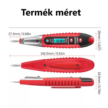 Digitális Érintésmentes Fáziskereső, 12-250V AC/DC, elektromos tér indukció, LED fény, piros/fekete