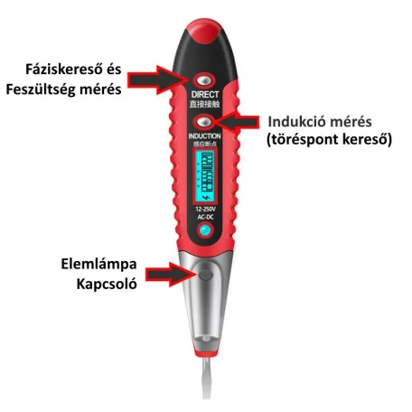 Digitális Érintésmentes Fáziskereső, 12-250V AC/DC, elektromos tér indukció, LED fény, piros/fekete