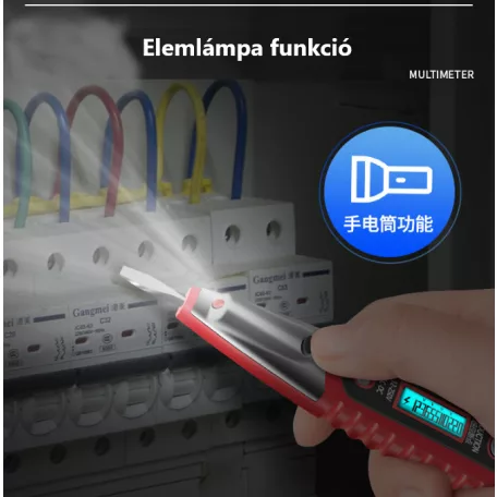 Digitális Érintésmentes Fáziskereső, 12-250V AC/DC, elektromos tér indukció, LED fény, piros/fekete
