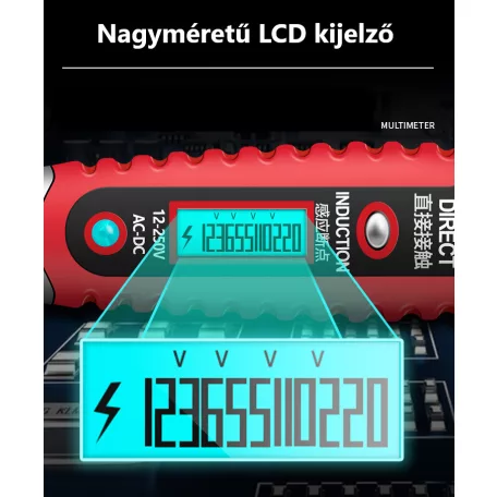 Digitális Érintésmentes Fáziskereső, 12-250V AC/DC, elektromos tér indukció, LED fény, piros/fekete