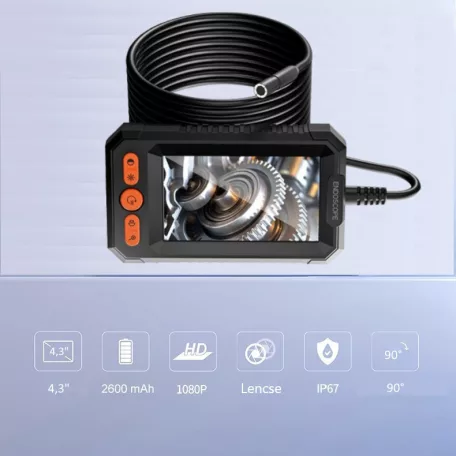 Endoszkóp kamera, 5m kábel, 4.3″ LCD kijelző, 1080P FHD, 8db LED világítás, Ø8mm lencse-átmérő, IP67 vízállósági kategória, fekete