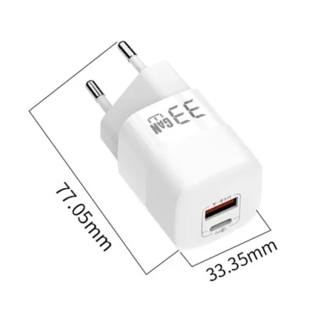 Univerzális GaN hálózati töltő adapter, 33W gyorstöltés, 2 port, QC 3.0/PD/USB, túlterhelés elleni védelem, fehér