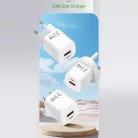 Univerzális GaN hálózati töltő adapter, 33W gyorstöltés, 2 port, QC 3.0/PD/USB, túlterhelés elleni védelem, fehér