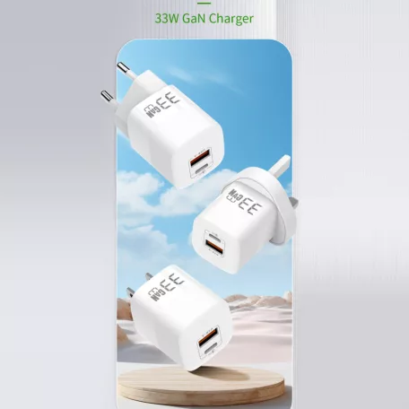 Univerzális GaN hálózati töltő adapter, 33W gyorstöltés, 2 port, QC 3.0/PD/USB, túlterhelés elleni védelem, fehér