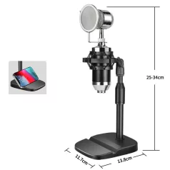   Humi® Asztali mikrofonállvány, mobiltelefontartóval, hang felvételhez és online élő közvetítéshez alkalmas, állítható magasság: 25cm-34cm, fekete