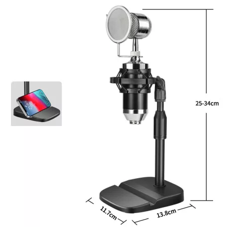 Humi® Asztali mikrofonállvány, mobiltelefontartóval, hang felvételhez és online élő közvetítéshez alkalmas, állítható magasság: 25cm-34cm, fekete