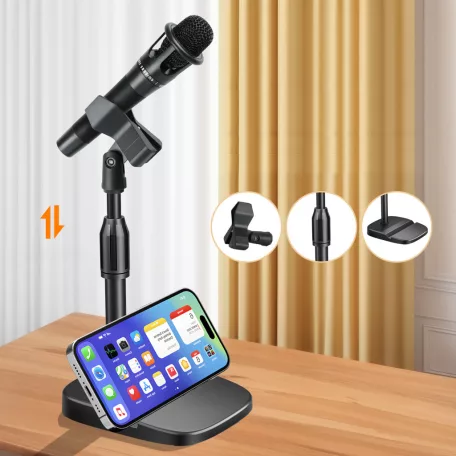 Asztali mikrofonállvány, állítható magasság: 25cm-34cm, mobiltelefontartóval, fekete