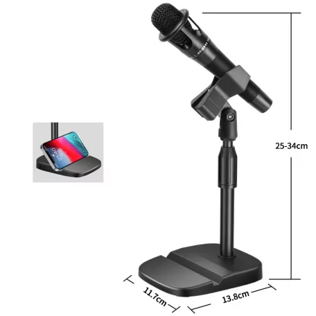 Asztali mikrofonállvány, állítható magasság: 25cm-34cm, mobiltelefontartóval, fekete