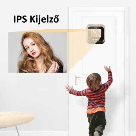 Intelligens Ajtókitekintő, videó csengő, 2.4” LCD kijelző, 720P HD kamerával, 160°-os látószög, kaputelefon funkcióval, aranyszín