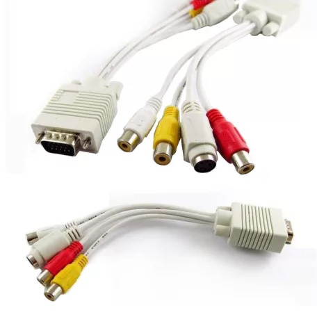 VGA (apa) -> 3RCA/S-Video (anya) csatlakozó átalakító, VGA-ról 3RCA-ra és Video AV-re és S-Video-ra, 20cm, fehér