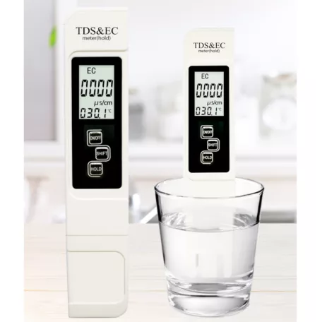 Digitális vízminőség mérő, 3 az 1-ben, TDS/EC/hőmérséklet, LCD kijelző, fehér