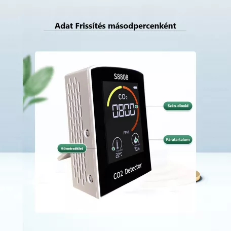 Multifunkciós Szén-dioxid Levegőminőség Mérő, 3az1-ben, CO2, hőmérséklet, páratartalom monitor, 400-5000ppm, fekete