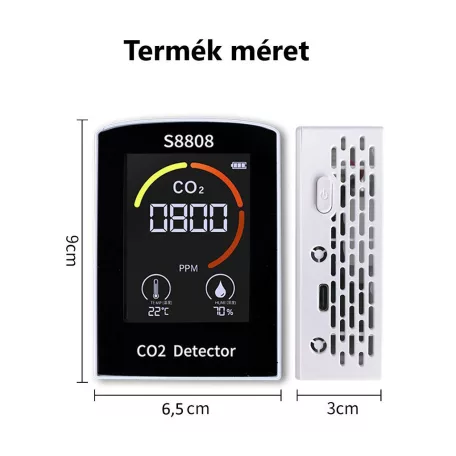 Multifunkciós Szén-dioxid Levegőminőség Mérő, 3az1-ben, CO2, hőmérséklet, páratartalom monitor, 400-5000ppm, fekete