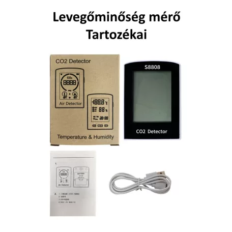Multifunkciós Szén-dioxid Levegőminőség Mérő, 3az1-ben, CO2, hőmérséklet, páratartalom monitor, 400-5000ppm, fekete