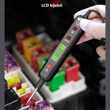Multifunkciós autós feszültség áramkör-teszter, szakadás kereső és ellenállás vizsgáló, 100V DC, LED világítás, fekete