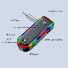   Bluetooth v5.3 transzmitter, kétirányú jelátvitel, beépített mikrofon, multifunkcionális, RGB LED, fekete