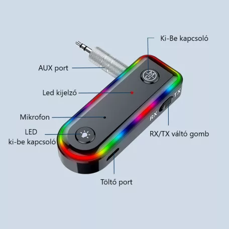 Bluetooth v5.3 transzmitter, kétirányú jelátvitel, beépített mikrofon, multifunkcionális, RGB LED, fekete